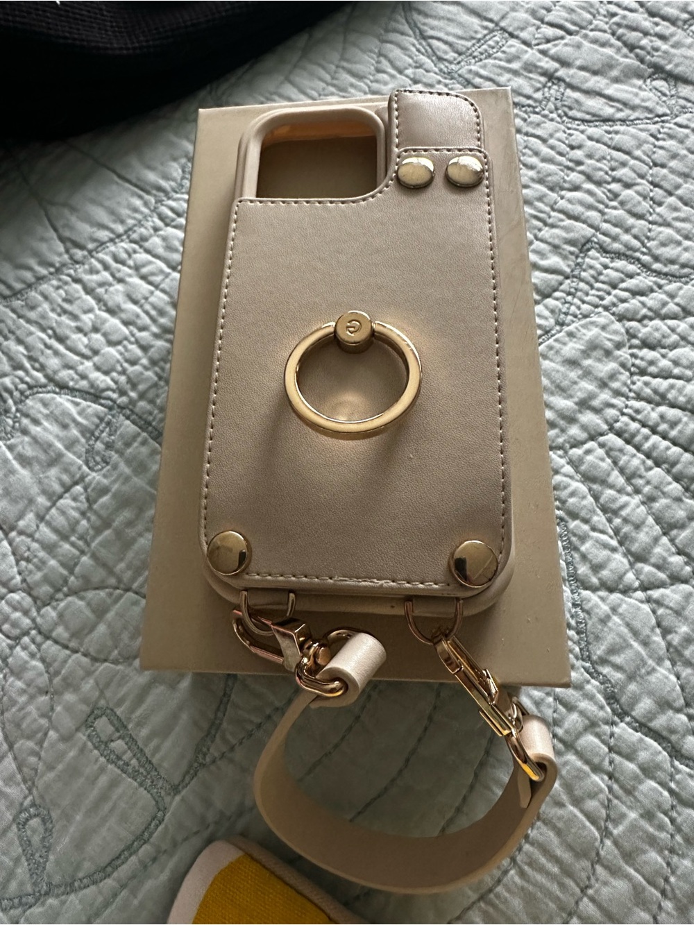 Cushtype iPhone 14 Pro Beige Leather Ring-Detail Phone Crossbody Case MagSafe